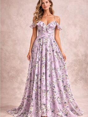 Whimsy Cottagecore Lavender Floral Ruffle Strap Maxi Formal Dress